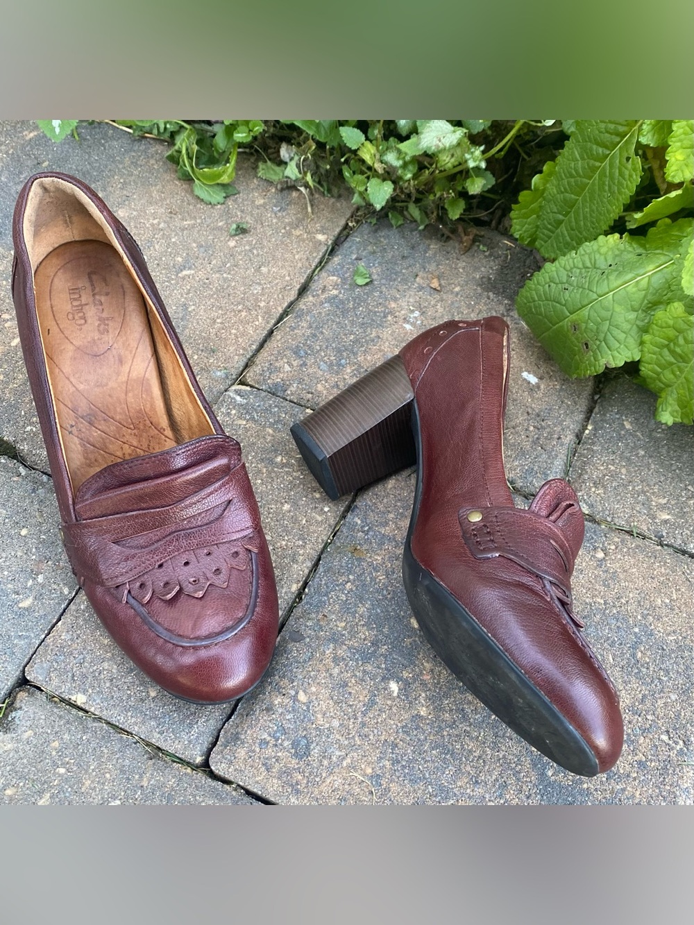 Clarks Indigo Oxblood Leather Kiltie Loafer Heels Size 8 Fall Sale